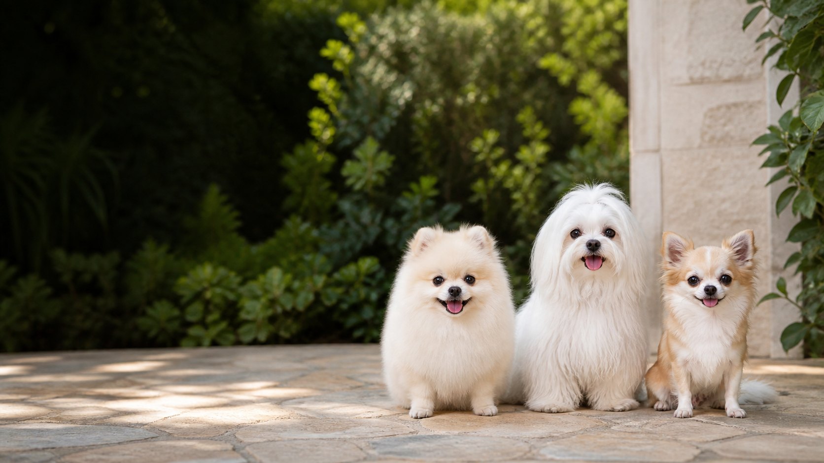 Imagem ilustrativa de um Spitz Alemão Anão, um Maltês e um Chihuahua de pelo longo em um jardim